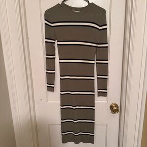 Primark Khaki Ribbed Striped Long Sleeve Midi Dress | Size S